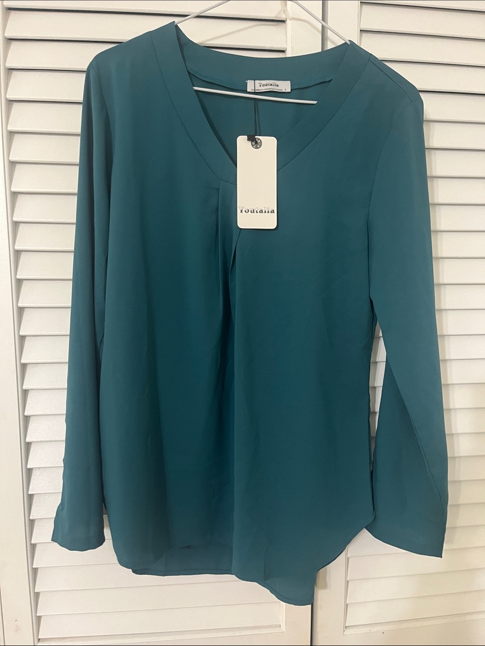 Teal Long-Sleeve V-Neck Blouse